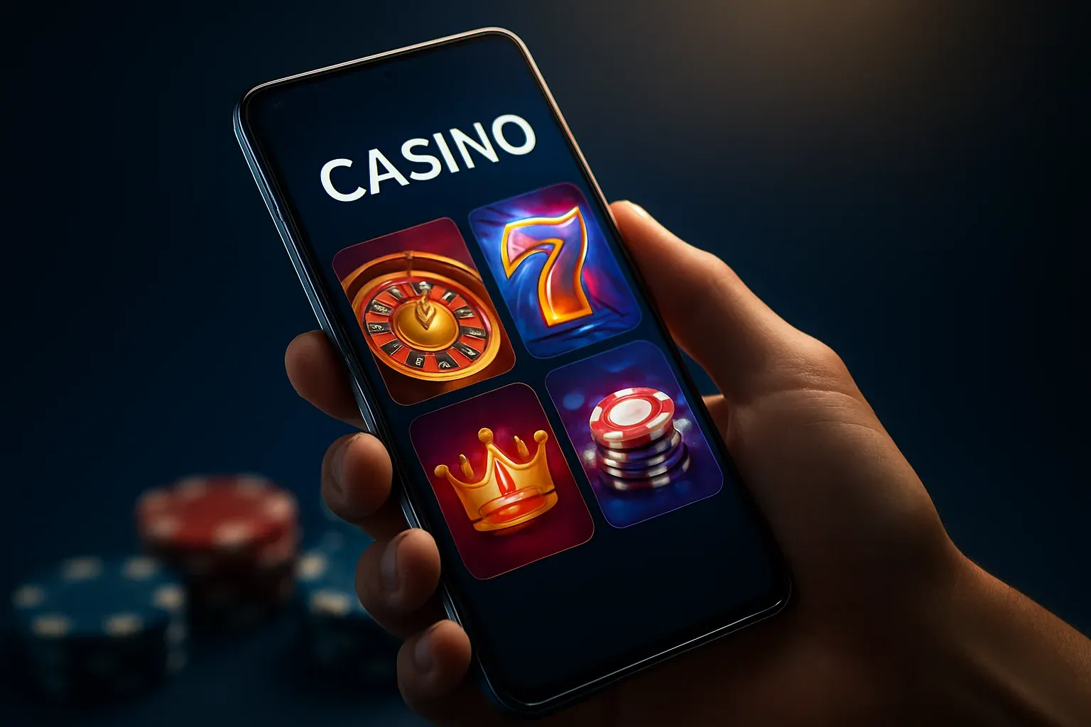 Hyperrealistic flagship Android smartphone showing premium casino app interface, dramatic lighting
