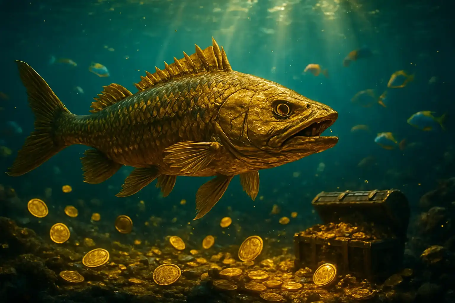 Hyperrealistic underwater golden dragon fish with glowing coins and treasure