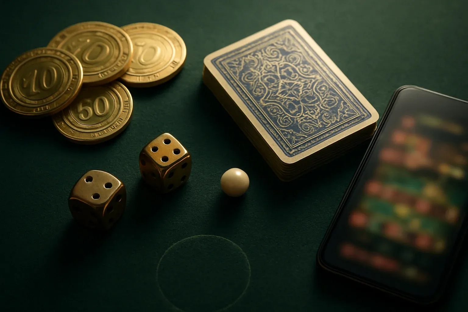 Top-down casino flat lay with golden chips, cards, dice, roulette ball, smartphone