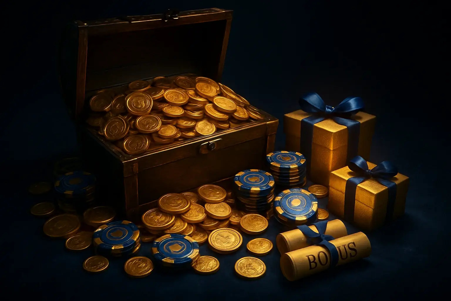 Overflowing treasure chest with gold coins, casino chips, vouchers, and gift boxes