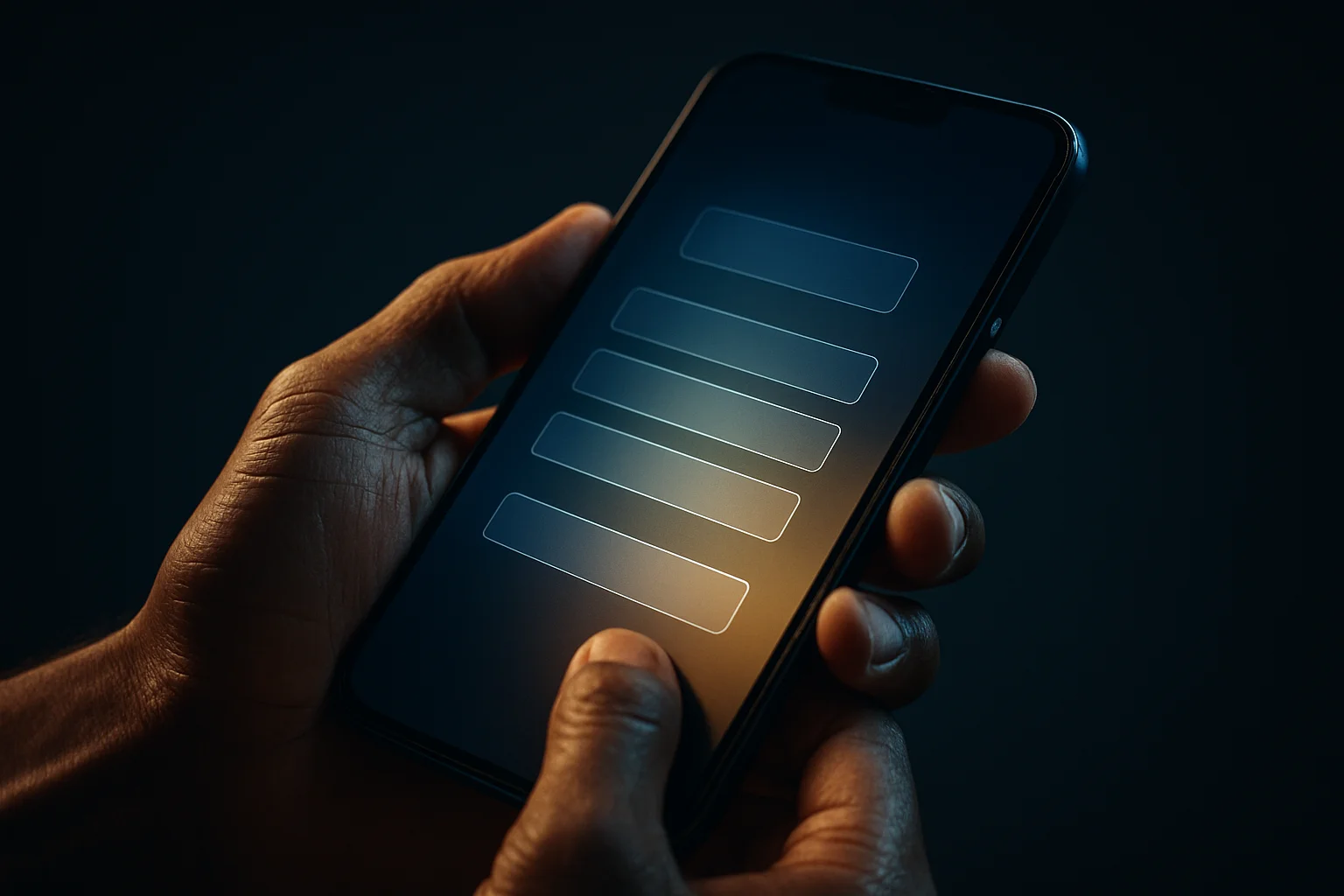 Filipino man hands holding smartphone with blurred registration screen, blue gold glow