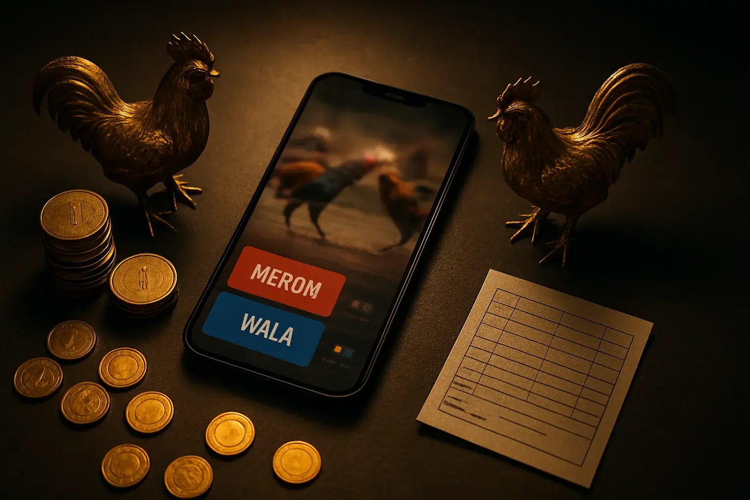 Smartphone sabong betting interface with golden roosters, peso coins, casino chips