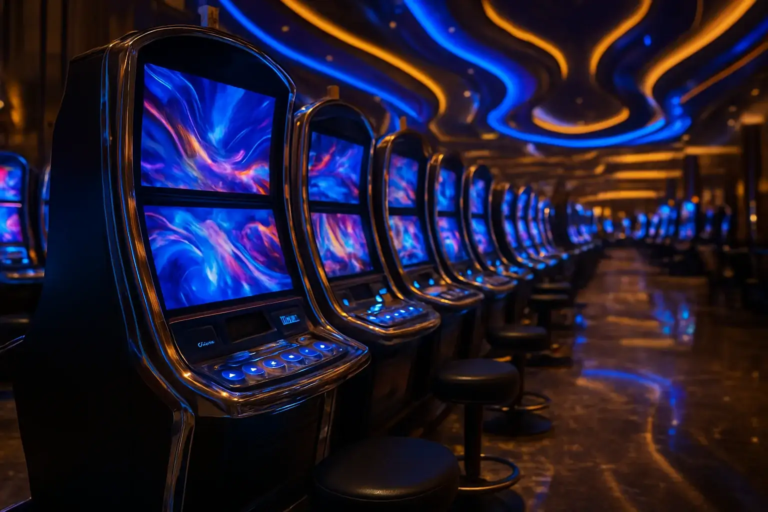 Hyperrealistic wide shot of Manila casino slots floor with blue gold lighting