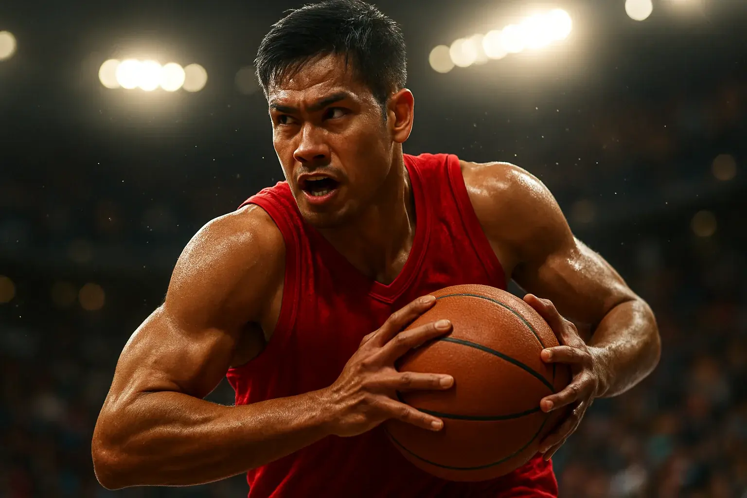 Filipino PBA basketball player mid-air driving to basket, intense close-up